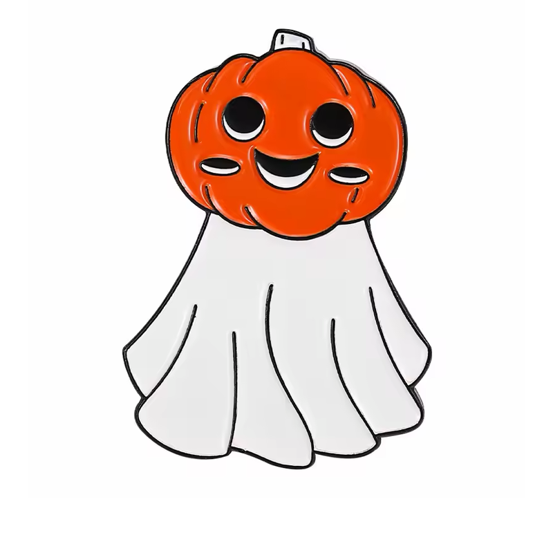 White ghost pin with a smiling orange pumpkin head and black outlines.