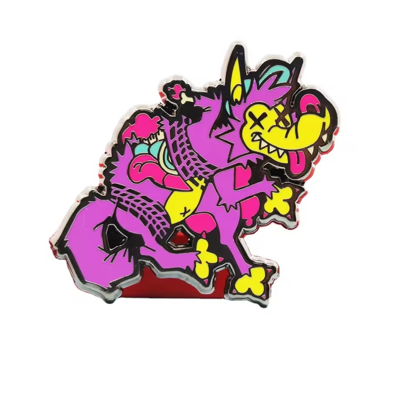 Purple cartoon wolf pin with a yellow muzzle, X-shaped eyes, pink hearts and yellow bone details.