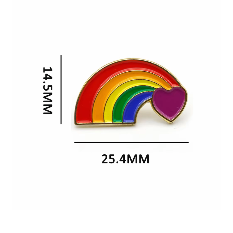 Rainbow pin ending in a purple heart, with dimension labels showing 14.5 mm high and 25.4 mm wide.