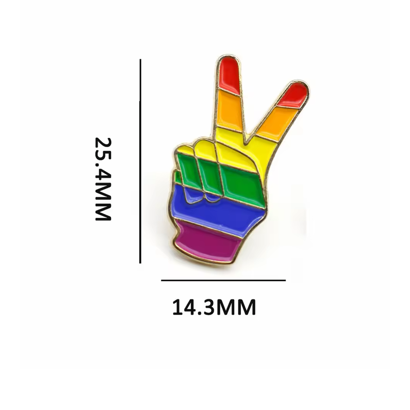 Rainbow-striped peace-sign hand pin with dimension labels showing 25.4 mm high and 14.3 mm wide.