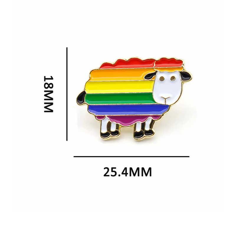 Rainbow-striped sheep pin with dimension labels showing 18 mm high and 25.4 mm wide.