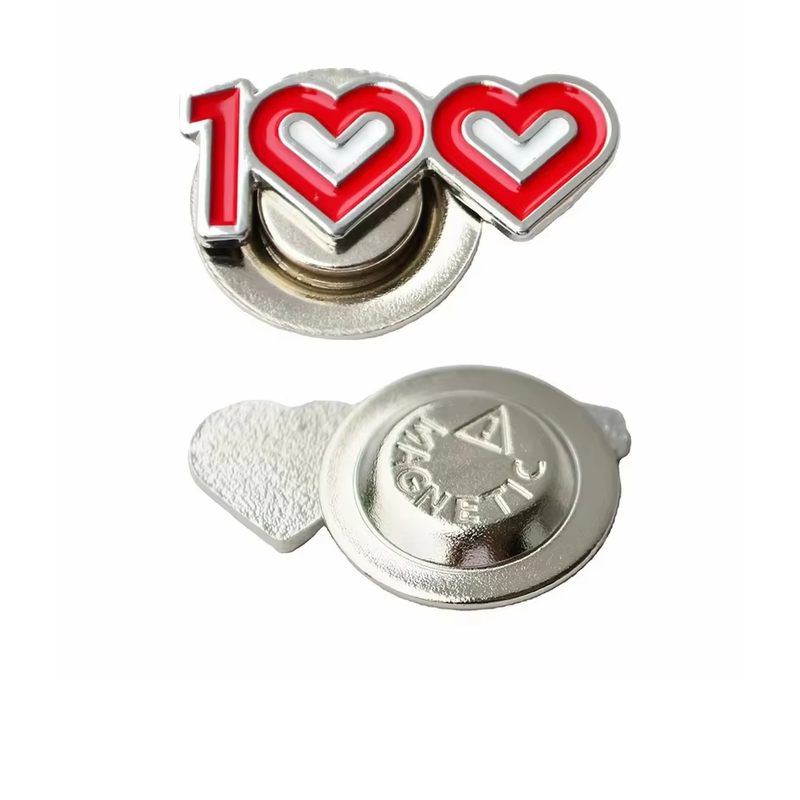 Red 100-shaped pin with two heart-outline zeros and silver-tone borders, shown with a round magnetic attachment and a reverse view marked Magnetic on white.
