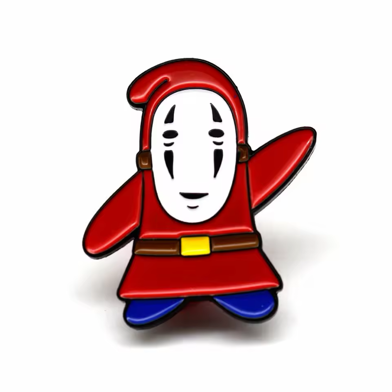 Red-robed character pin with a white oval mask, black face markings, a brown belt, yellow buckle and blue shoes on a white background.