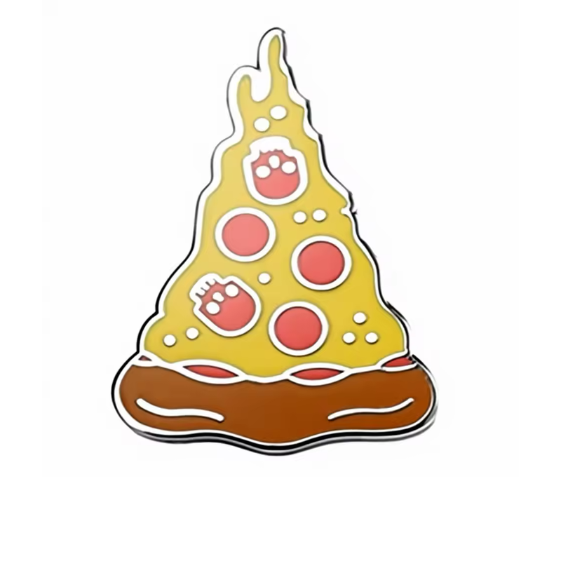 Pizza slice pin with dripping yellow cheese, red circular and skull-shaped toppings and a brown crust outlined in silver tone.