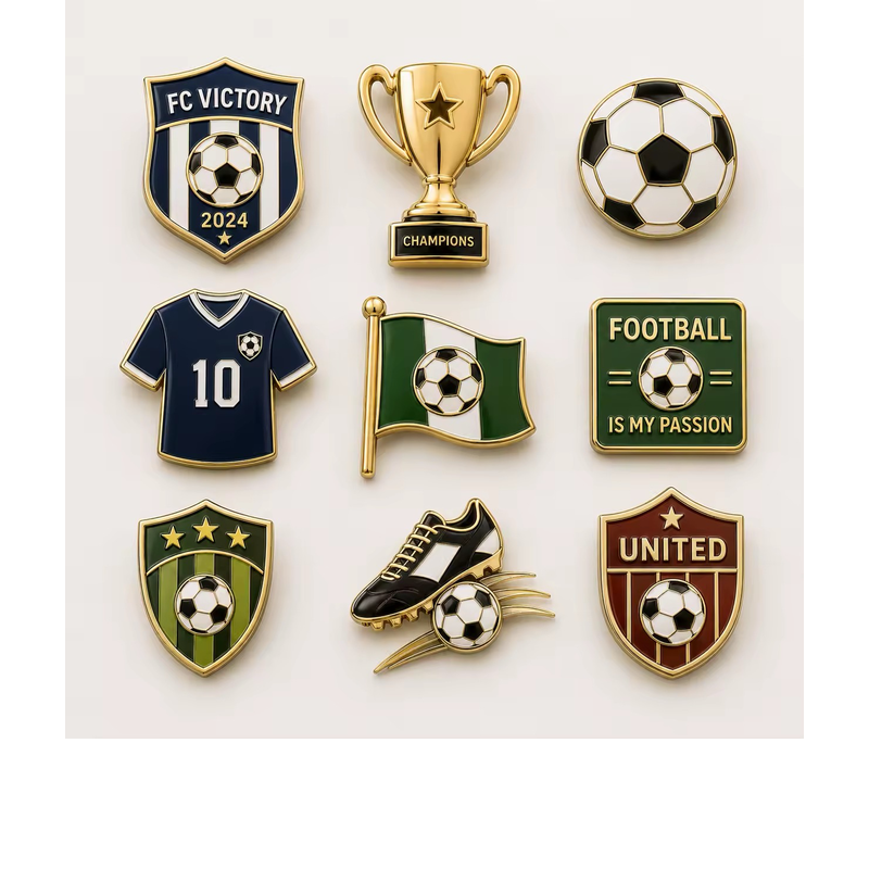 Nine gold-tone soccer-themed designs on a pale background, including shields, a trophy, a ball, a number 10 jersey, a flag, a slogan plaque and a cleat with a ball.
