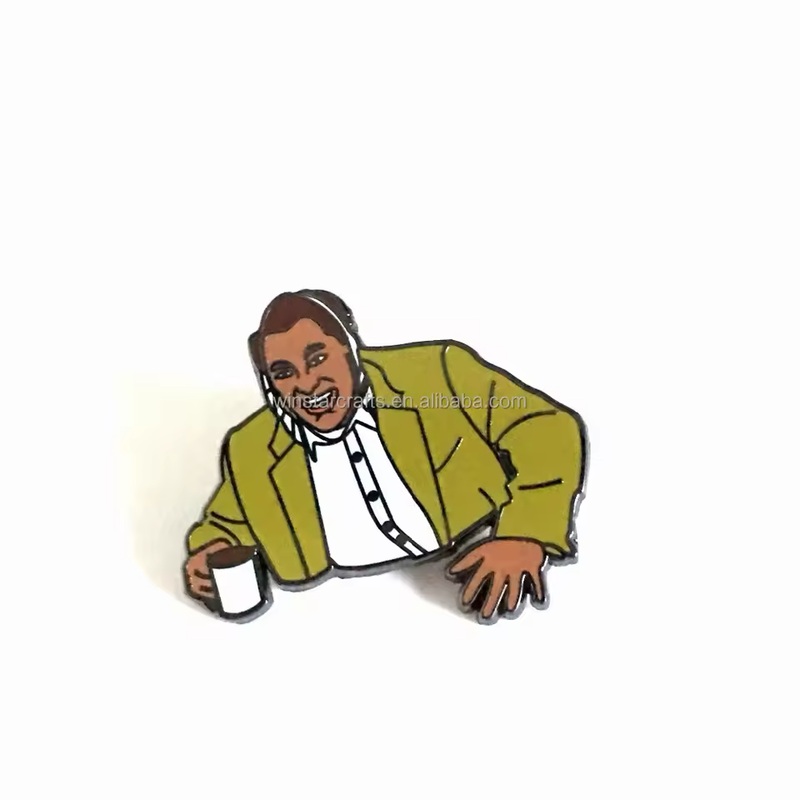Portrait pin of a smiling man in an olive-green jacket and white shirt holding a cup, photographed on white with the original supplier watermark visible.