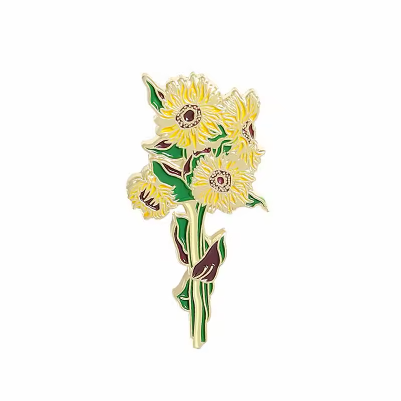 Yellow sunflower bouquet pin with green leaves and long stems.