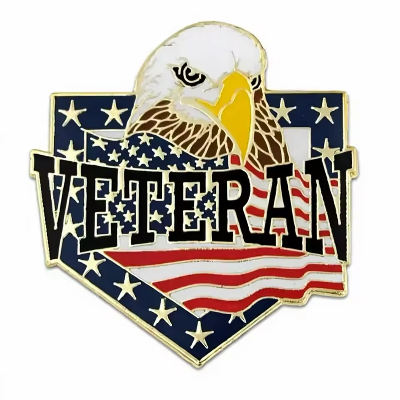 Gold-tone veteran pin featuring a bald eagle, a United States flag, stars and large VETERAN lettering on a white background.