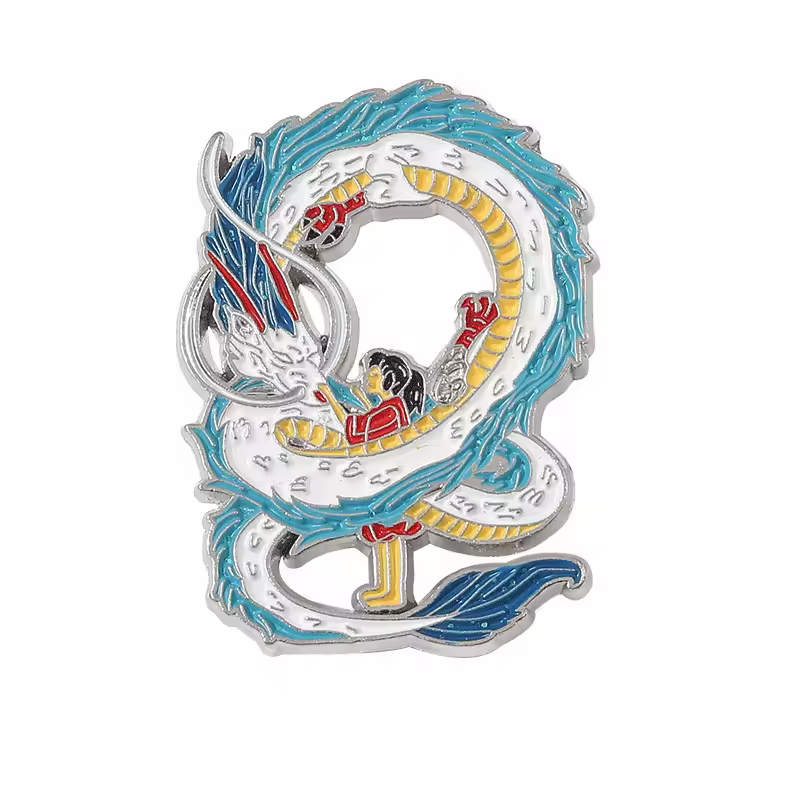 White and blue coiled dragon pin surrounding a red-clothed character, with silver-colored outlines.