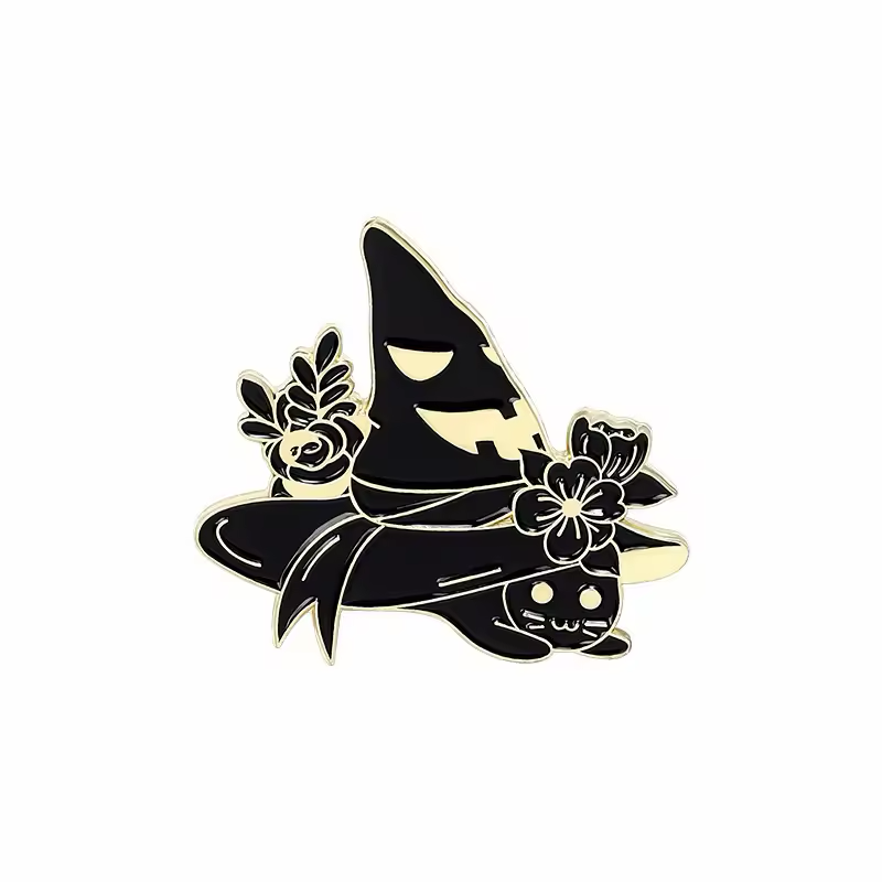 Black cat pin with a tall witch hat and floral details.