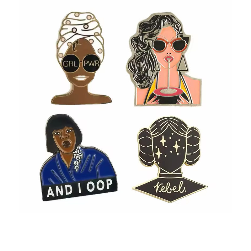 Four women-themed pins showing a headwrap portrait, a woman with a coconut drink, an And I Oop portrait and a star-filled Rebel silhouette.