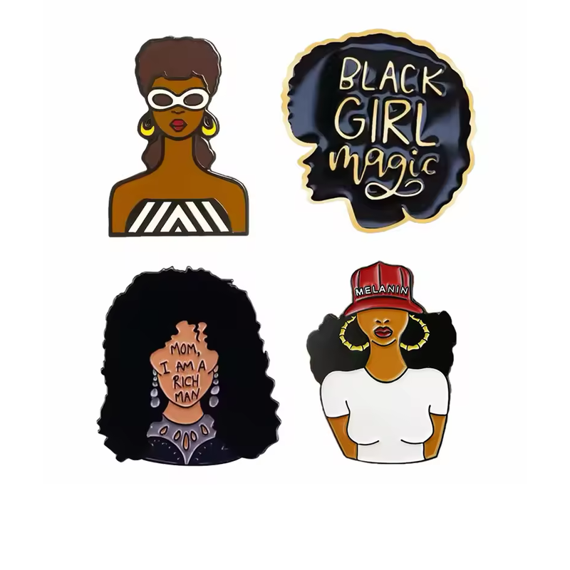 Four portrait and silhouette pins featuring women, with Black Girl Magic lettering and a red Melanin cap.