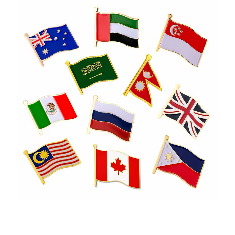 Assorted national flag pins with gold-colored flagpoles, including Australia, Singapore, Nepal, Canada and the Philippines.