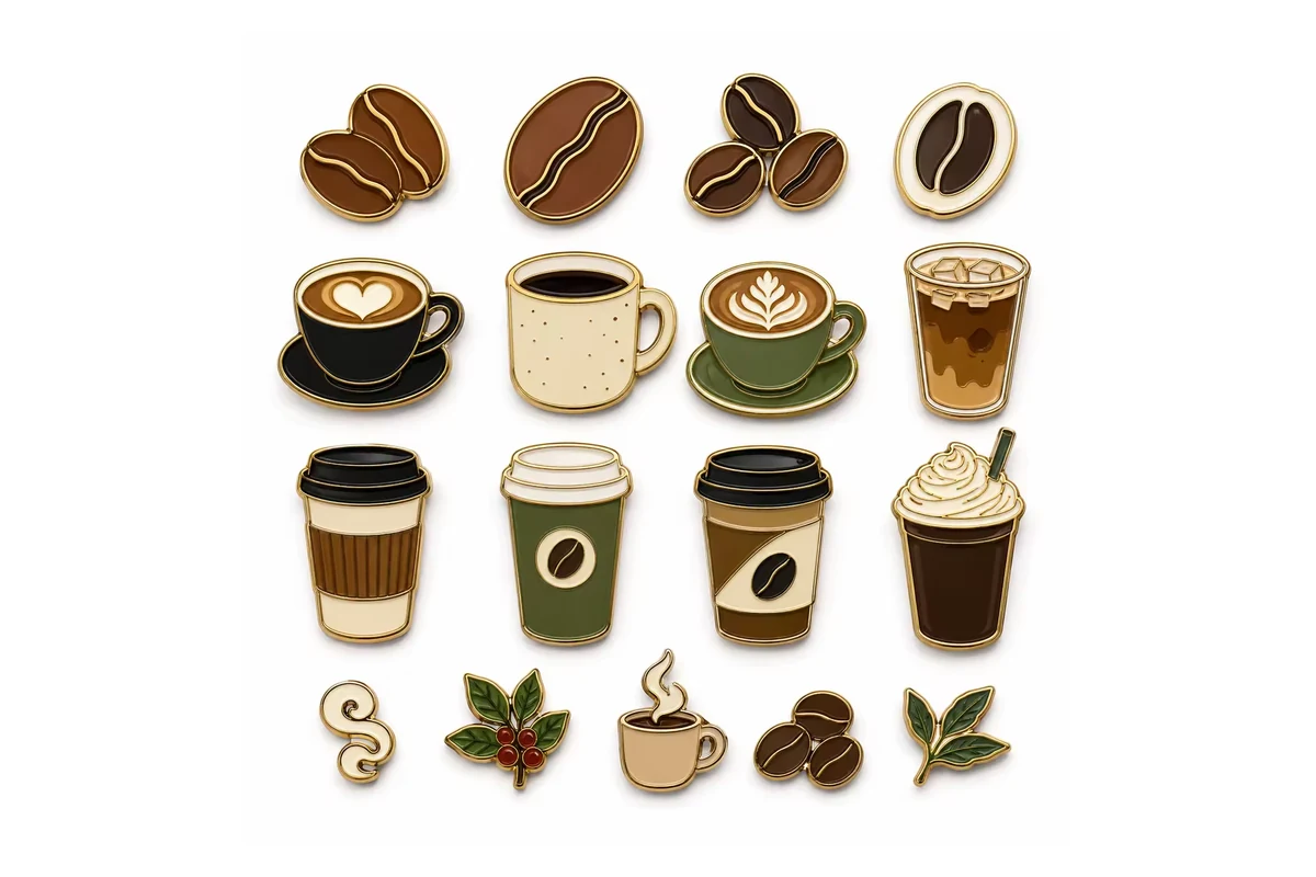 Coffee and leaf pins in different shapes.